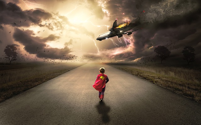 不時着する飛行機を助けに道を行く子供のヒーロー